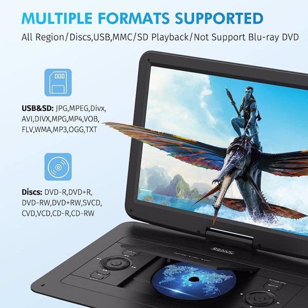 dropship DEVINC 17.9" Portable DVD Player with 15.6" HD Swivel Screen, Support Multiple DVD CD Formats/USB/SD Card/Sync TV, 6 Hours Rechargeable Battery, Car Charger, Remote Control, Region Free, ZC-07 Black