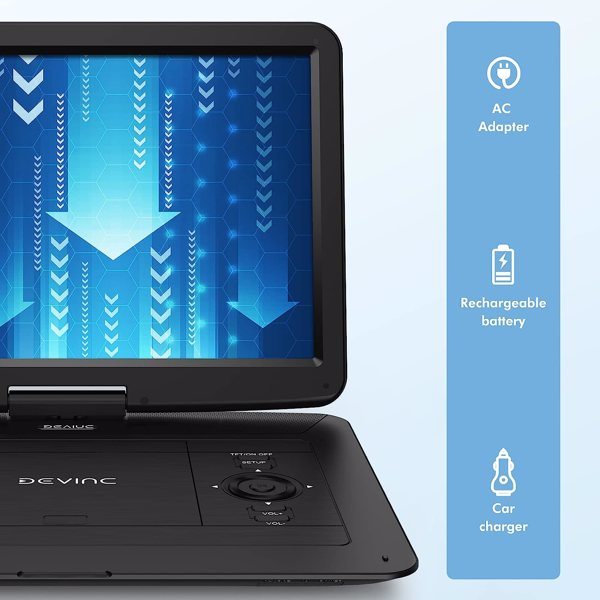 dropship DEVINC 17.9" Portable DVD Player with 15.6" HD Swivel Screen, Support Multiple DVD CD Formats/USB/SD Card/Sync TV, 6 Hours Rechargeable Battery, Car Charger, Remote Control, Region Free, ZC-07 Black